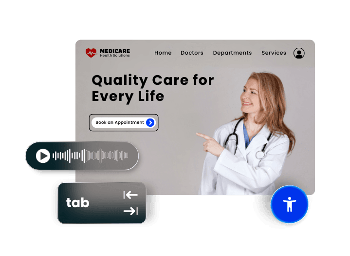 Medical health solutions website with doctor and audio accessibility features