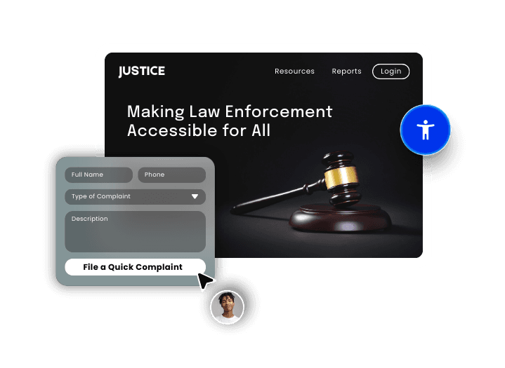 Justice platform showing law enforcement accessibility features with complaint filing form
