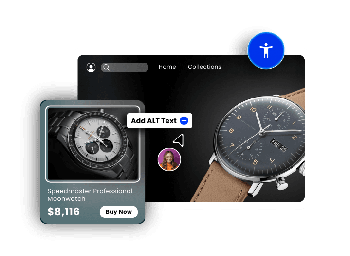 E-commerce watch store with product listings and alt text accessibility features