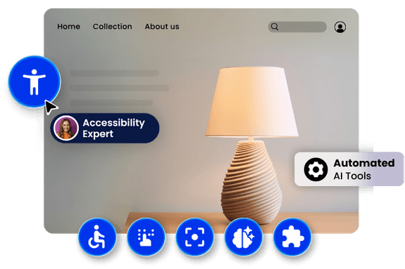A product page with the WebAbility widget button open beside it, badges reading Accessibility Expert and Automated AI Tools, and a row of accessibility tool icons