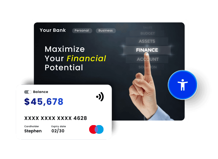 Banking platform showing financial dashboard with card details and balance display
