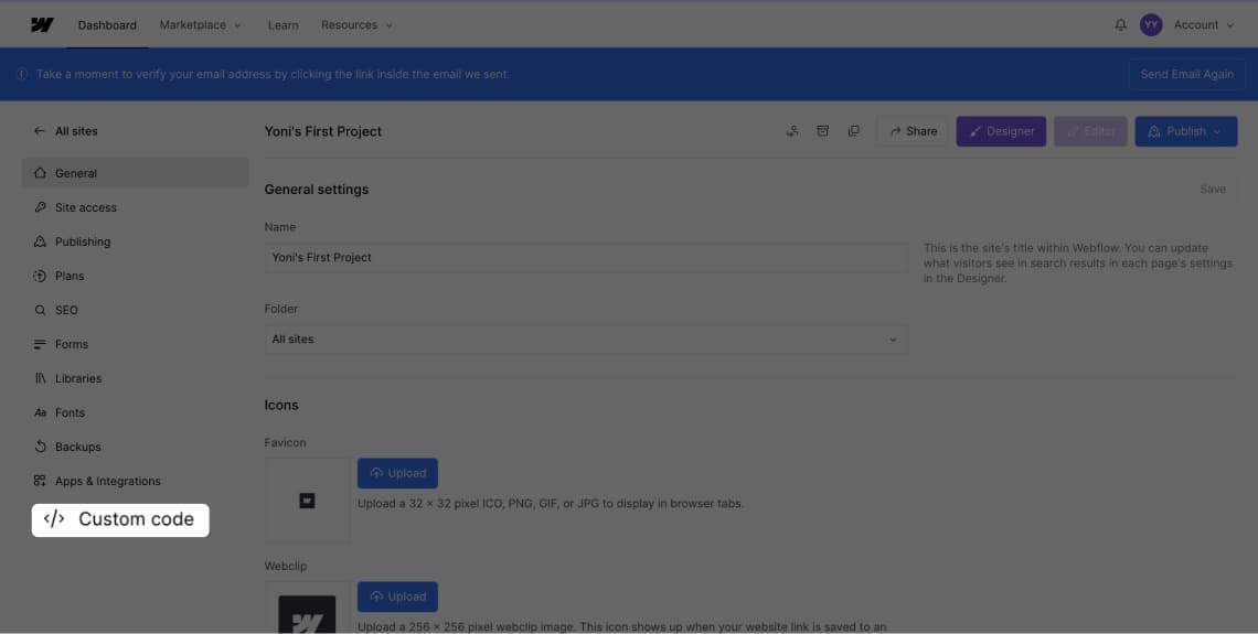 Screenshot of Webflow Settings Custom Code Section