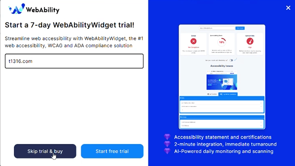 Screenshot of WebAbility Trial Modal