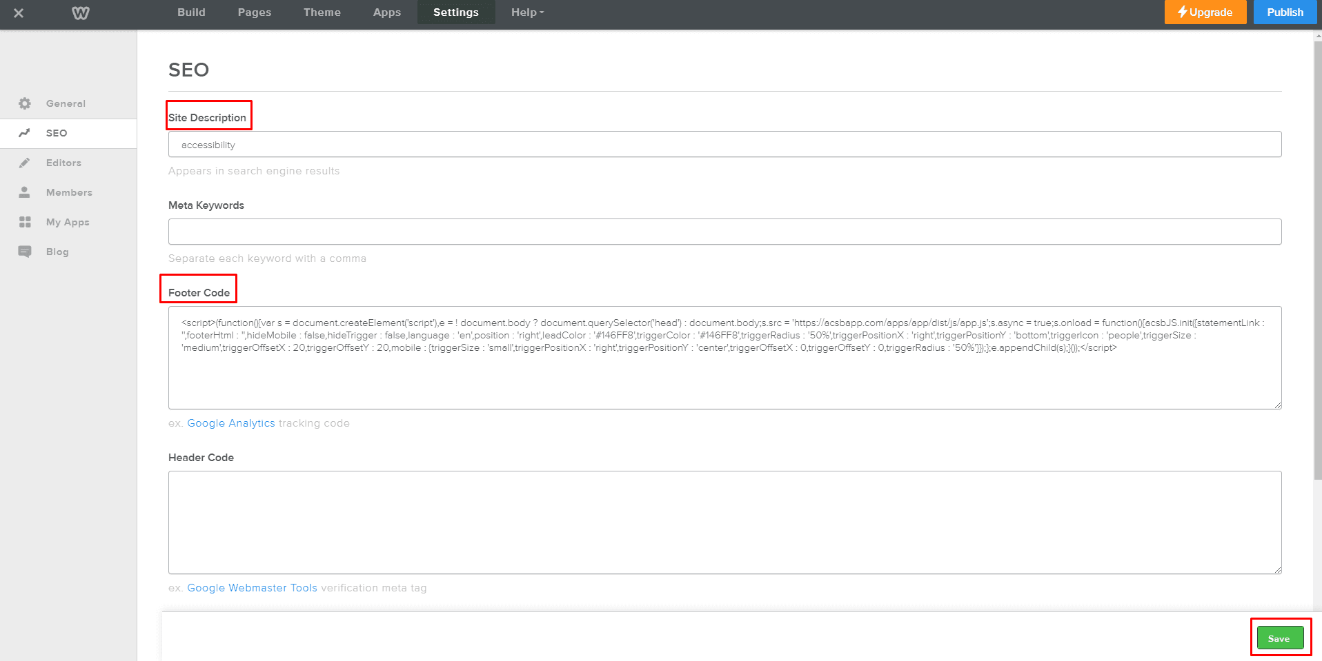 Screenshot of Weebly Website Editor SEO Section Save Screenshot of Weebly Website Editor SEO Section Save