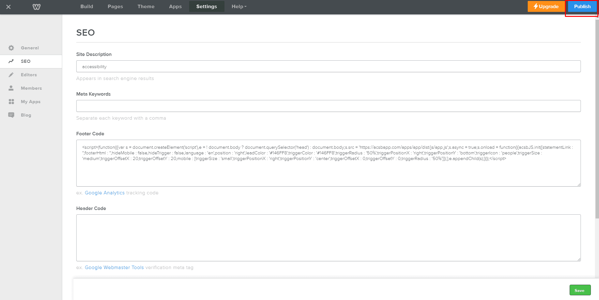 Screenshot of Weebly Website Editor SEO Section Publish Screenshot of Weebly Website Editor SEO Section Publish