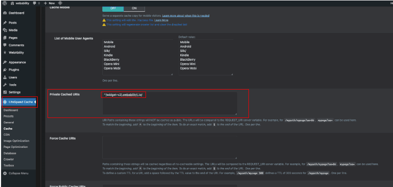 LiteSpeed Cache Private Cached URIs for WebAbility widget WordPress LiteSpeed Cache settings: Cache screen with Private Cached URIs highlighted, showing the WebAbility widget path pattern entered in the text area.